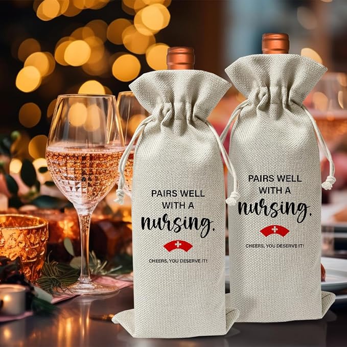 Nursing School Graduation Gift Wine Bag, Med School Graduation Gift For Women, Graduation Party Decor, Nurse Day Nurse Week Gift, Nurse Appreciation Gift, Cotton Linen Wine Gift Bag With Drawstring