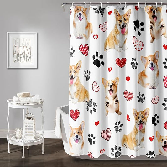 AILONEN Puppy Dog Shower Curtain for Bathroom,Cute Corgi Waterproof Bath Curtain,Pet Dog Kids Girls Dog Lover Curtain with 12 Plastic Hooks(36" W*72" H)