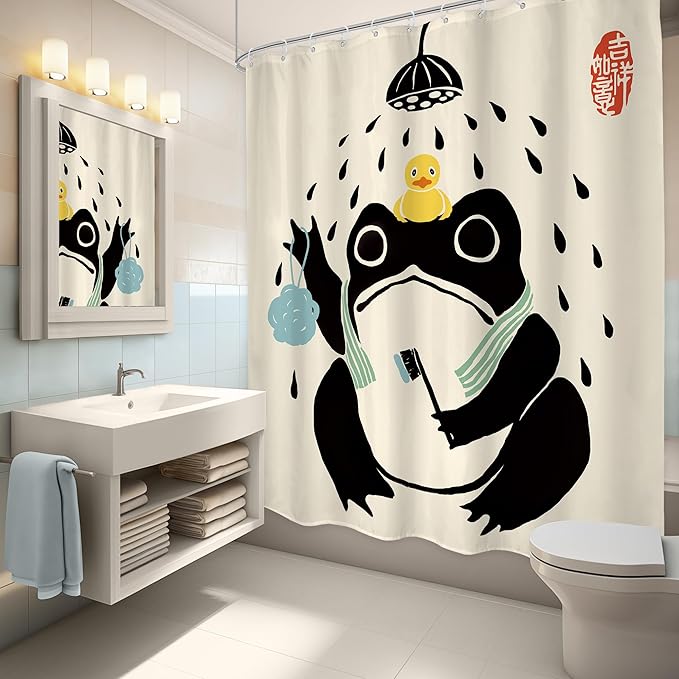 LGhtyro Funny Frog Shower Curtain Bathroom Set 60Wx71H Inches Cute Animal Bath Asian Style Traditional Japanese Art Rubber Duck Bath Accessories Retro Black Beige Art Home Decor Fabric 12 Pack Hooks