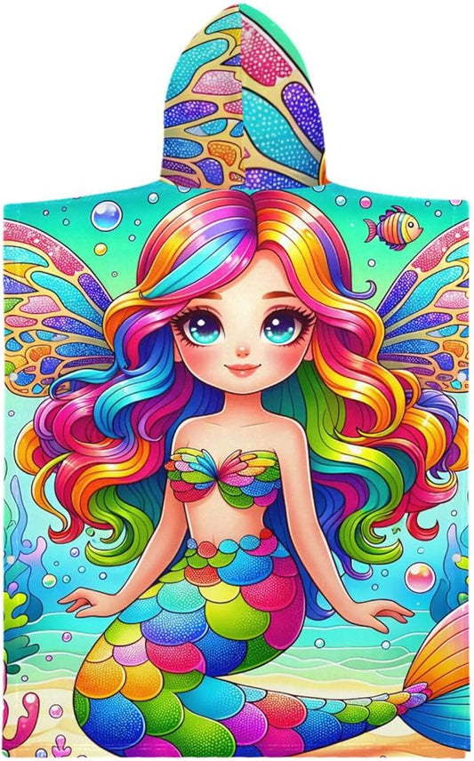 senya Mermaid Kids Beach Towel, Cartoon Color Mermaid Hooded Bath Pool Beach Towel Wrap Cover-ups Beach Poncho for Boys Girls