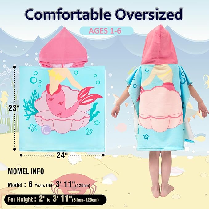 Hooded Kids Beach Towels - Toddler Bath Towel Girls Boys Swim Cover-ups for Ages 1 to 6 Kids Pool Towels Quick Dry Lightweight Soft Microfiber Poncho Towel 24x23 (Mermaid Seashell)