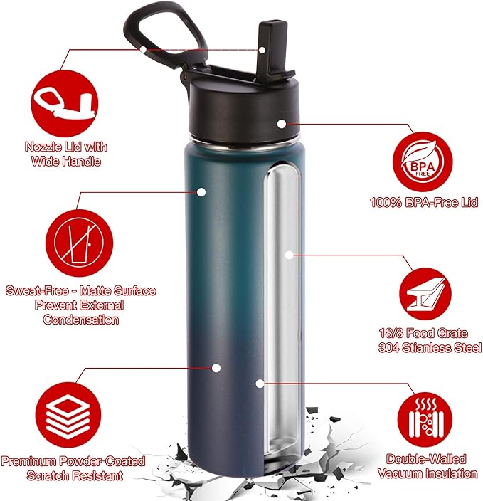 Volhoply 24oz Insulated Water Bottle With Straw Bulk 3 Pack,Metal Wide Mouth Water Bottles With Handle Keep Cold,Reusable Double Wall Thermos,Powder Coated Sport Bottle For Holder(Dark Night,3 Count)