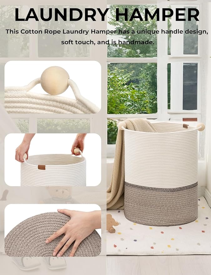 StorageWorks 58L Cotton Rope Laundry Basket with Wooden Beads Handles, Woven Basket for Storage, Dirty Clothes, Kids Toys, Towels, White & Light Brown