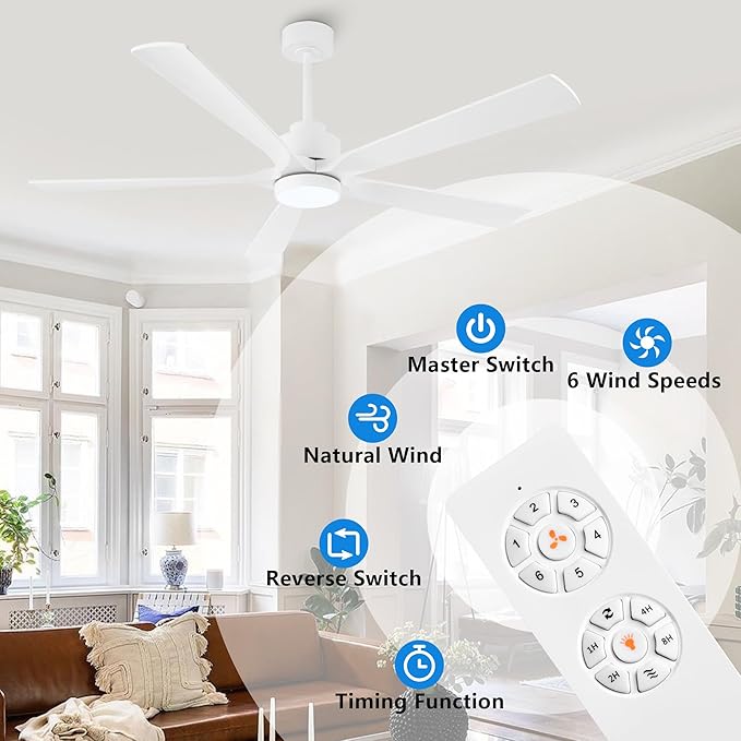 60" Modern Ceiling Fan with Lights and Remote Control, 5 Solid Wood Blades 6-Speed Noiseless Reversible DC Motor, Ceiling Fan for Bedroom Dinning Living Room, White