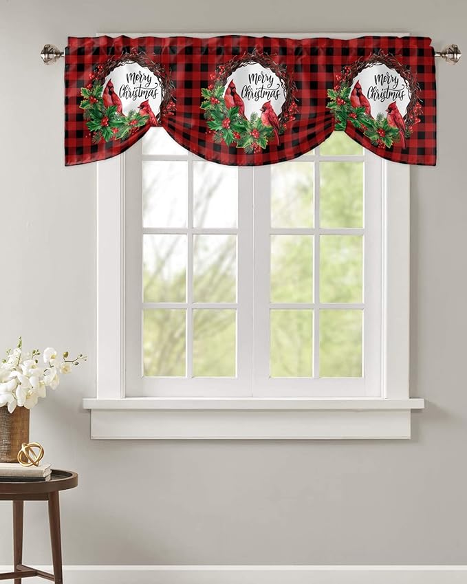 Merry Christmas Blackout Tie Up Valance Curtains for Kitchen Windows Winter Cardinal Holly Berries Window Toppers Balloon Shades for Living Room/Bathroom/Bedroom,1 Panel,60" X 18" Red Black Plaid
