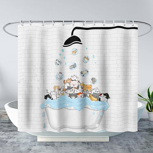 AILONEN Cute Cats Shower Curtain Raining for Kids 72" W*96" H Inch,Kawaii Hilarious Pet Playing Water Shower Curtain,12 Pack Hooks Polyester Waterproof Fabric Decor for Bathroom Bathtub Panels