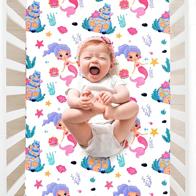 JISEN Baby Crib Sheets Soft Breathable Fitted Crib Sheets Baby Sheet for Standard Crib and Toddler Mattress Baby Bed Sheets for Crib for Baby Boys Girls Neutral 52x28 Inch White Mermaids
