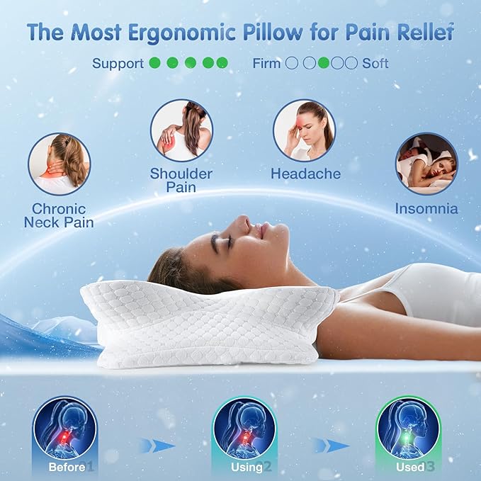 Cervical Neck Pillow for Pain Relief Sleeping, Cooling Contour Memory Foam Support Pillows for Neck and Shoulder Pain, Ergonomic Orthopedic Pillow for Side Back & Stomach Sleepers, White-24