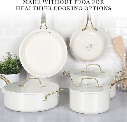 Martha Stewart Galway Premium Nonstick PFA Free Ceramic Interior 10 Piece Heavy Gauge Enamel Aluminum Pots and Pans Cookware Set W/Aluminum Lids - Linen White W/Gold Handle