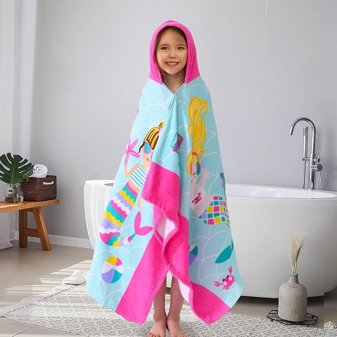 VOOVA & MOVAS Kids Towels Age 3-10, Soft | Thick | Large | 100% Cotton,Absorbent Beach, Bath, Pool Towels Wrap for Girls, Sea Mermaid