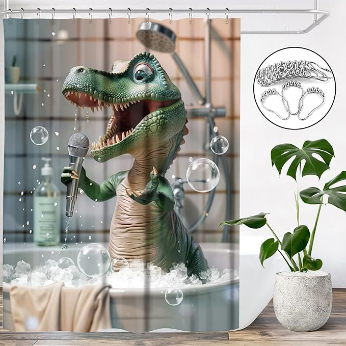 Funny Dinosaur Shower Curtain Cartoon Animal Shower Curtains for Kids Bathroom Decor Waterproof Polyester Fabric Bathroom Curtain with Hooks 66x72 Inch
