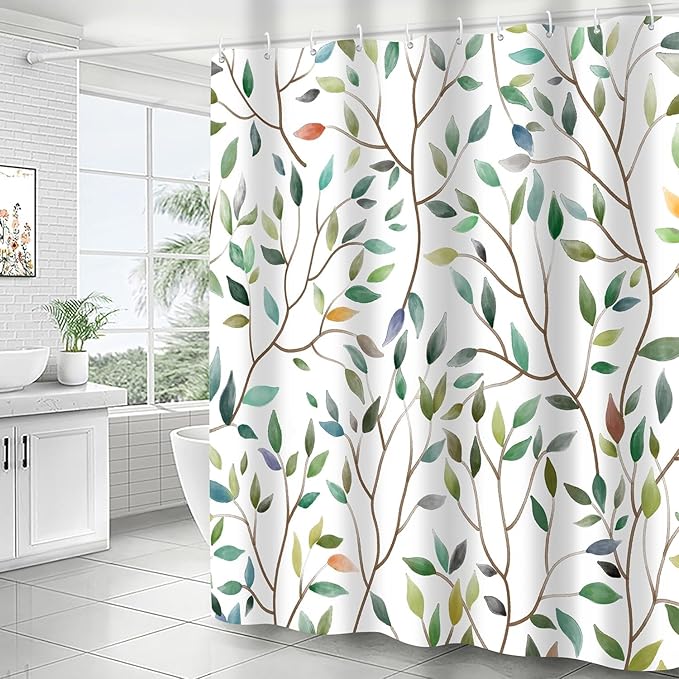 Boho Sage Green Floral Shower Curtain, Spring Summer Colorful Botanical Flower Leaves Bohemian Fabric Shower Curtain Set with 12 Hooks, Bathroom Accessories Decor Cloth Curtain 72x72 Inches
