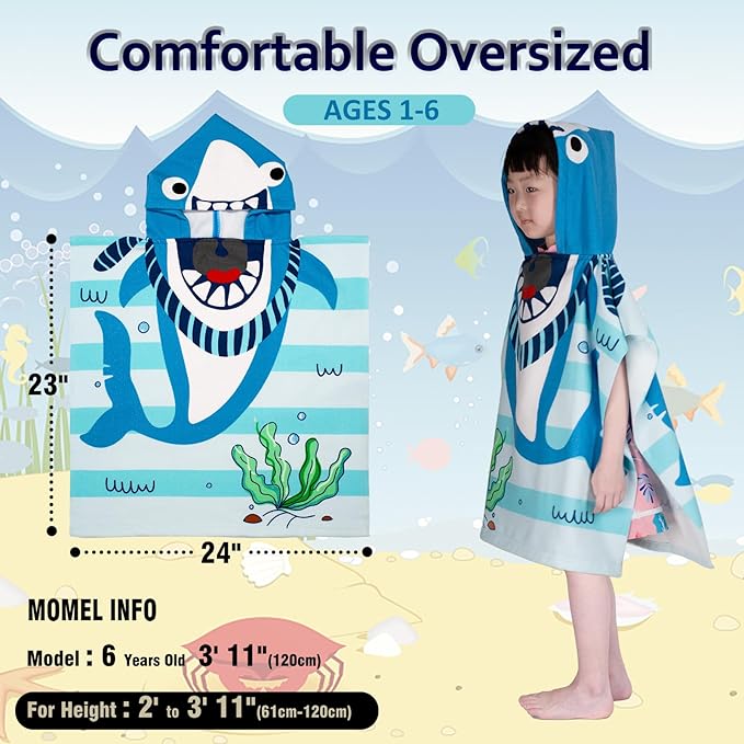 Hooded Kids Beach Towels - Toddler Bath Towel Girls Boys Swim Cover-ups for Ages 1 to 6 Kids Pool Towels Quick Dry Lightweight Soft Microfiber Poncho Towel 24x23(Shark SkyBlue)