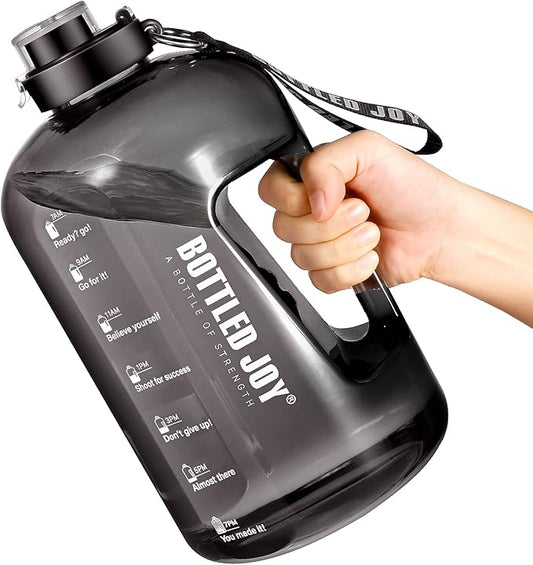 Water Bottle with Time Markings, 1 Gallon/ 3.5L Sports Water Bottle with Handle Leakproof Reusable & BPA Free, Flip Cap with Cleaning Brush Daily Water Intake Bottle Ideal for Gym Office