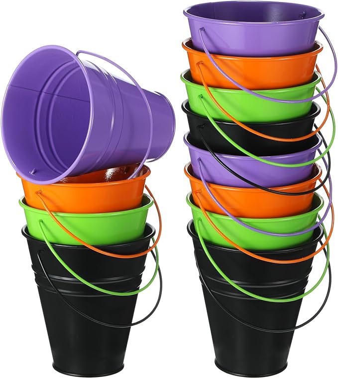 Sadnyy 12 Pack Metal Buckets with Handle, Galvanized Bucket 4.5 x 5 Inch Basket Bucket for Kids, Kids Party Supplies, Crafts for Christmas Halloween Christmas Candy Bars Vase Crafts(Horror Color)