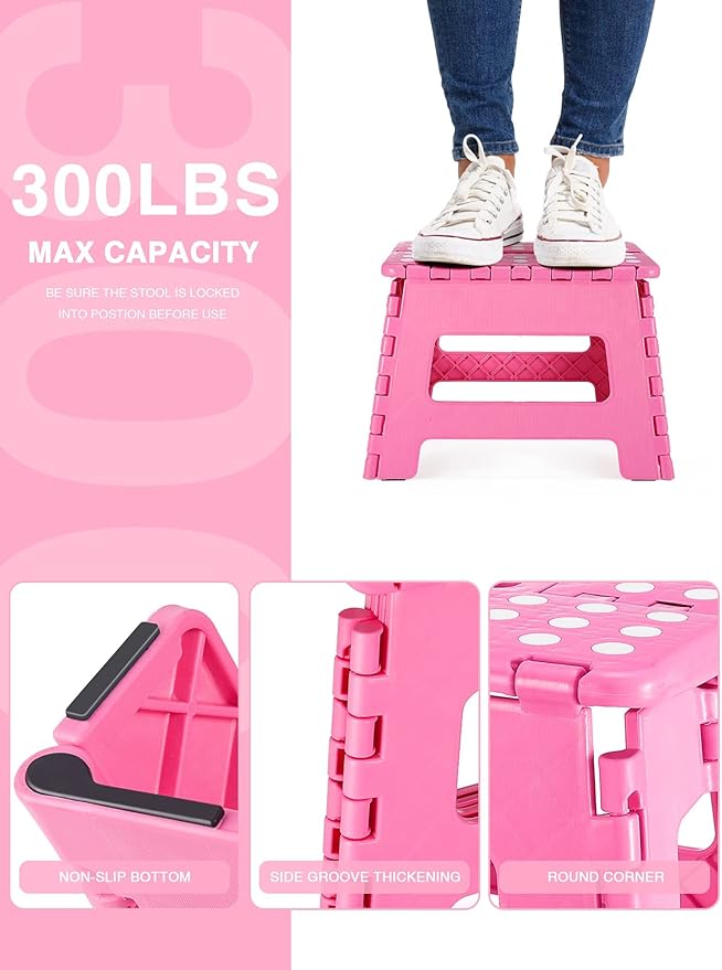 Folding Step Stool 9", Kids Step Stool, Heavy Duty Step Stools for Adults, Compact Foot Stools, Light-Weight Toddler Step Stool for Kitchen, Bathroom, Holds Up to 300 lbs (Pink)