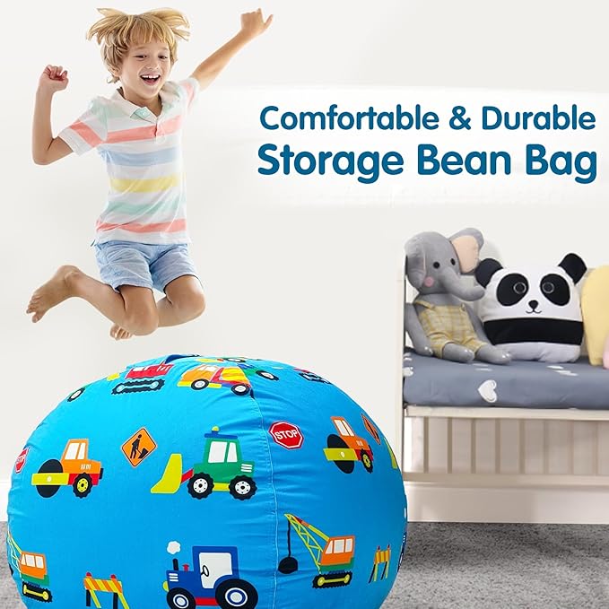 Lukeight Stuffed Animal Storage Bean Bag Chair Cover for Kids, Zipper Beanbag Chair Cover for Organizing Toddler and Kids' Rooms Plush Toys (Construction Velvet, X-Large)