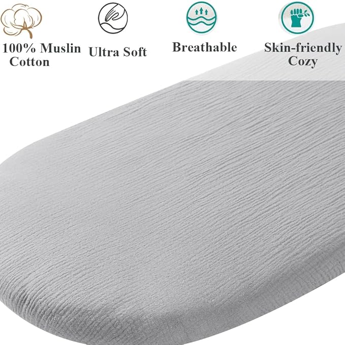 Muslin Bassinet Sheet Compatible with Dream On Me Traveler,Skylar,Lotus,Seashell Bassinet, INFANS Maydolly, Evolur Stellar Bassinet 2 Pack Cotton Fitted Sheets for Baby Grey & Pink