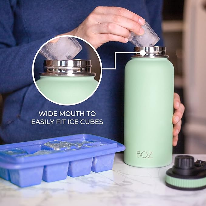 BOZ Stainless Steel Water Bottle - Vaccum Insulated Water Bottle 32 Oz - Wide Mouth BPA Free Sport Water Bottle for Gym with Spout Lid - Thermal Hot & Cold 1 Litre Green Water Bottle