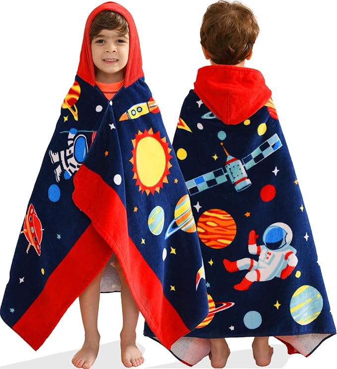 VOOVA & MOVAS Kids Hooded Towels Age 3-10, Soft | Thick | Absorbent Cotton Beach, Bath, Pool Towel | Wrap, Oversized for Boys Girls | Space Theme