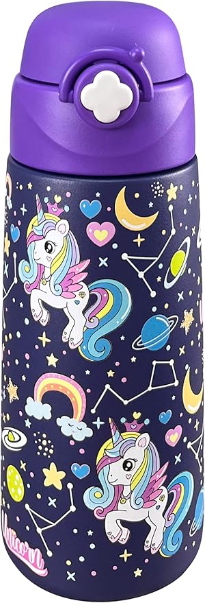 Kids Insulated Water Bottle with Covered Pop-Up Straw,16oz Kids Cups with Stainless Steel Leak Proof for School Boys Girls(Purple Unicorn-2)