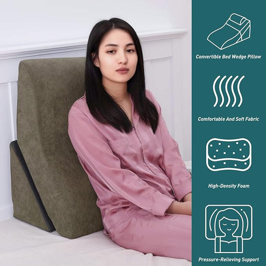 baibu 20 in Bed Wedge Pillow Set Foam | Adjustable Pillows for Back, Leg and Knee Pain Relief | Post Surgery Ortho Pillow – Anti Snoring, Heartburn, Acid Reflux & GRED (Brown)