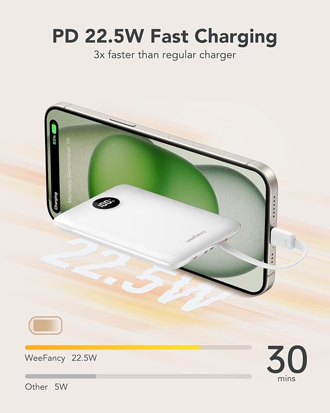 Mini Portable Charger for iPhone - 10000mAh Small PD 22.5W Fast Charging Power Bank with Built-in Cables - Travel Essentials USB C Slim Battery Pack Compatible with iPhone, Android, and More…