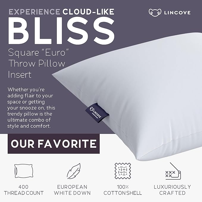 Lincove 100% European Down Venus Pillow – German Down 600 Fill Power, 400 Thread Count Shell, Made in Canada, | Luxe Collection, 20"x20"