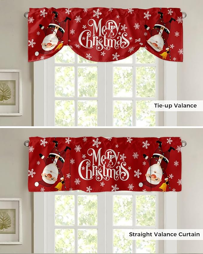 Red Merry Christmas Blackout Tie Up Valance Curtains for Kitchen Windows Funny Hanging Santa Window Toppers Balloon Shades for Living Room/Bathroom/Bedroom,1 Panel, 60" X 18", Snow Winter Holiday