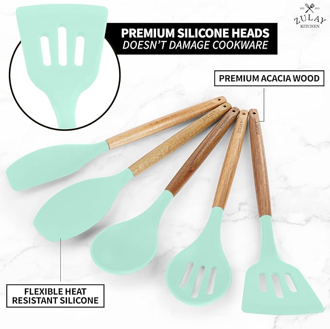 Zulay Non-Stick Silicone Cooking Utensils Set with Authentic Acacia Wood Handles - 5 Piece Silicone Kitchen Utensils Set (Aqua)