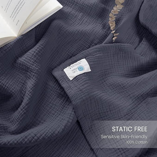 Lulu moon Muslin Blankets for Adults 55”x75” - Kids Couch Throw Blanket for Boys - Light Weighted Organic Muslin Quilt for Sofa and Bed (Blue)