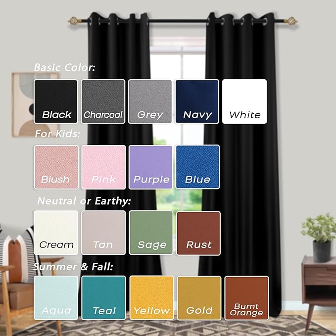Mrs.Naturall Dark Curtains for Bedroom Windows,Thermal Insulated 100% Blackout Curtain Panels,63 Inch Length,2 Panels Set,Black