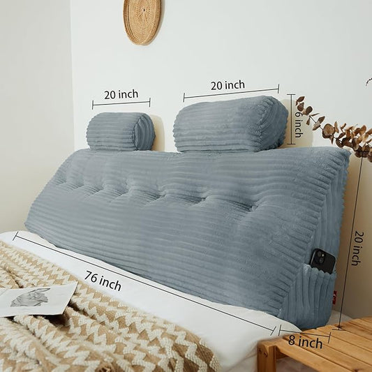 Headboard Wedge Pillow King with 2 Pack Neck Roll Pillow Large Headboard Pillow Soft and Supportive with Removable Cover (Light Grey, King:76x8x20 Inches)