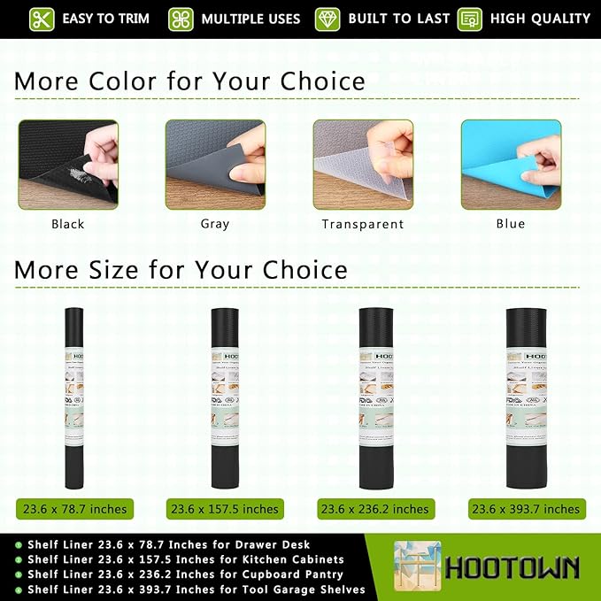 HooTown Shelf Liner Kitchen Cabinet Drawer Mats 23.6 Inch Wide x 13 Feet Long, Non Slip EVA Plastic Water Resistant Pad for Bathroom Drawers, Shoe Shelves, Under Sink, Black