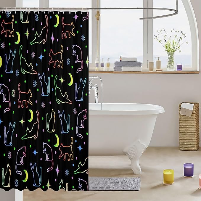 Cute Cat Silhouettes Kids Shower Curtains,Sun Moon Starry Sky Outer Space Bathroom Curtains for Girls Boys,Cute Pets Animals Watercolor Romantic Waterproof Curtains,12 Hooks Suits,72"W x 84"L