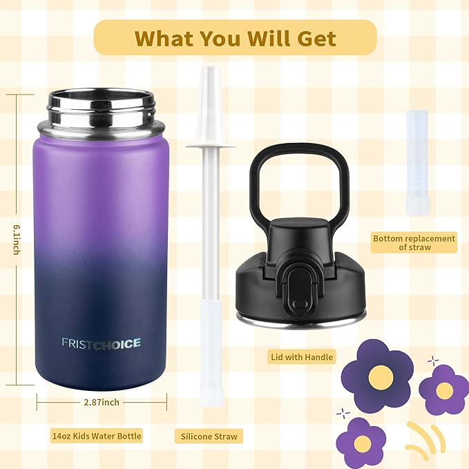 Kids Insulated Water Bottle with Straw,14oz Stainless Steel Water Bottle,BPA-free and Leak-proof,Double Wall Vacuum Water Flask for School,Gifts for Boys and Girls(14oz,Purple Navy blue)
