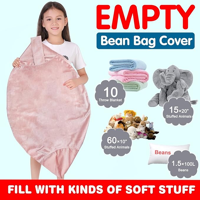 Lukeight Stuffed Animal Storage Bean Bag Chair Cover for Kids, Zipper Beanbag Chair Cover for Organizing Toddler & Kids' Rooms Plush Toys (Pink Velvet, Large)