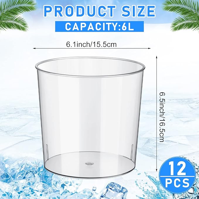 Plastic Ice Bucket Clear Flower Vases 6L Large Champagne Beer Buckets Classic Transparent Wine Chiller Tub Portable Wine Cooler Bucket Multipurpose Trash Can Wastebasket for Party Bar Kitchen (12 Pcs)