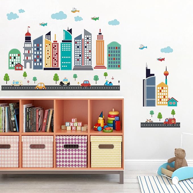 49pcs Cars City Wall Decals Removable Sticker for Kids Cartoon Cloud Skyscraper Construction Wall Stickers Airplane Kids Wall Decor Children's Day Gift Wallpapers for Nursery Classroom Playroom