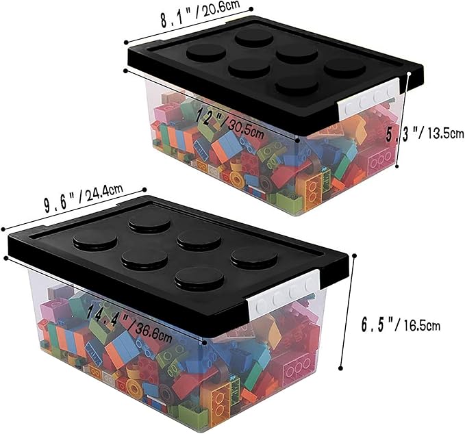loobuu Plastic Storage Bins with Lids - Stackable Toy Storage Organizer Box Set of 2, Kids Toy Chests with Compatible Building Baseplate and Lid, Storage Container for Building Bricks & Toys- Black