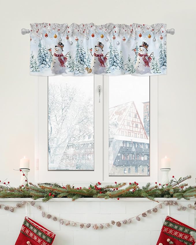 Snowman Valance Curtains for Kitchen Windows Blue Merry Christmas Tree Red Balls Squirrel Rod Pocket Window Treatment Toppers for Kitchen/Living Room/Bedroom/Bathroom, 42" X 18", Winter