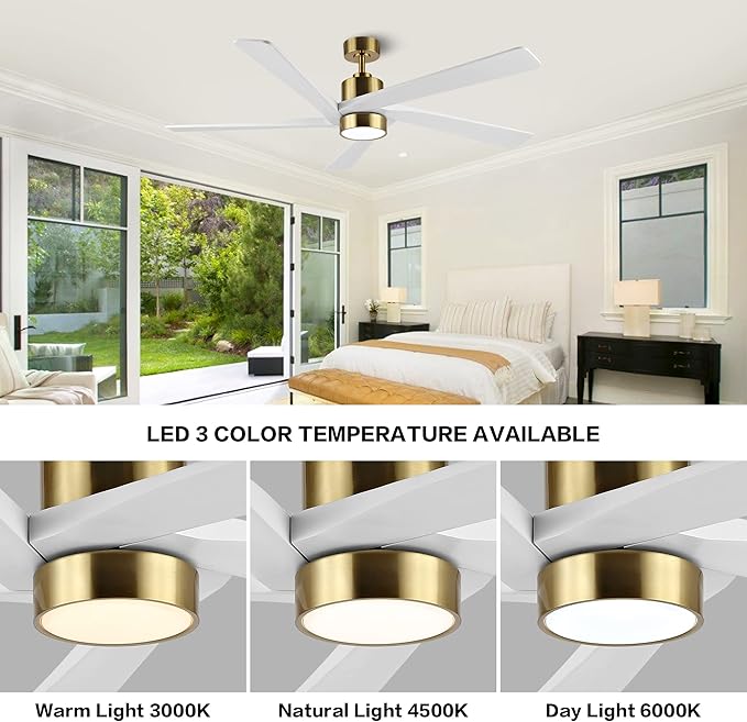 WINGBO 72 Inch DC Ceiling Fan with Lights and 3 Downrods, 5 Reversible Carved Wood Blades, 6-Speed Noiseless DC Motor, Large Ceiling Fan in Brass Finish with White Blades, ETL Listed