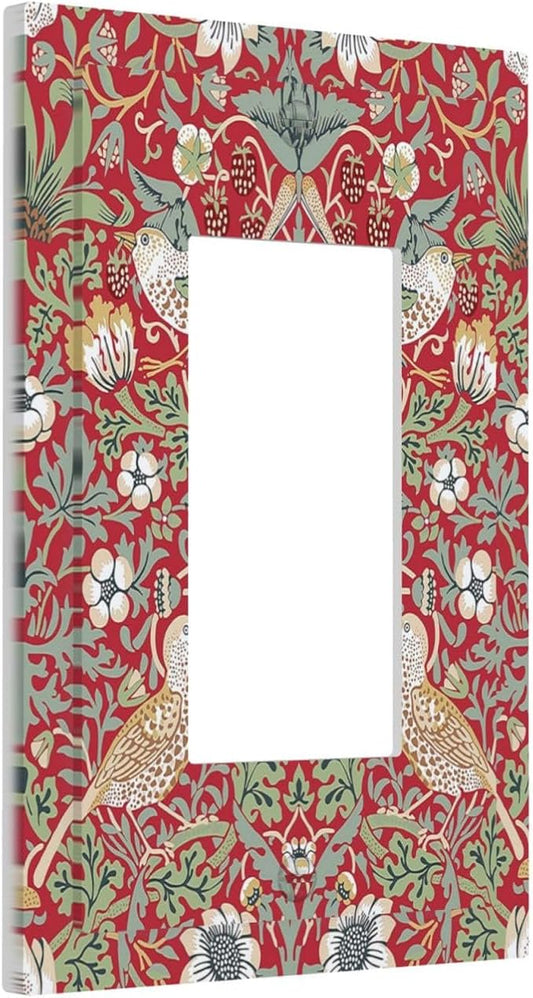 William Morris Strawberry Thief Botanical Red Green 1 Gang Rocker Light Switch Covers Single Decora Outlet Wall Plate Decorative Switchplate Faceplate GFCI for Country Bathroom Bedroom Kitchen Decor
