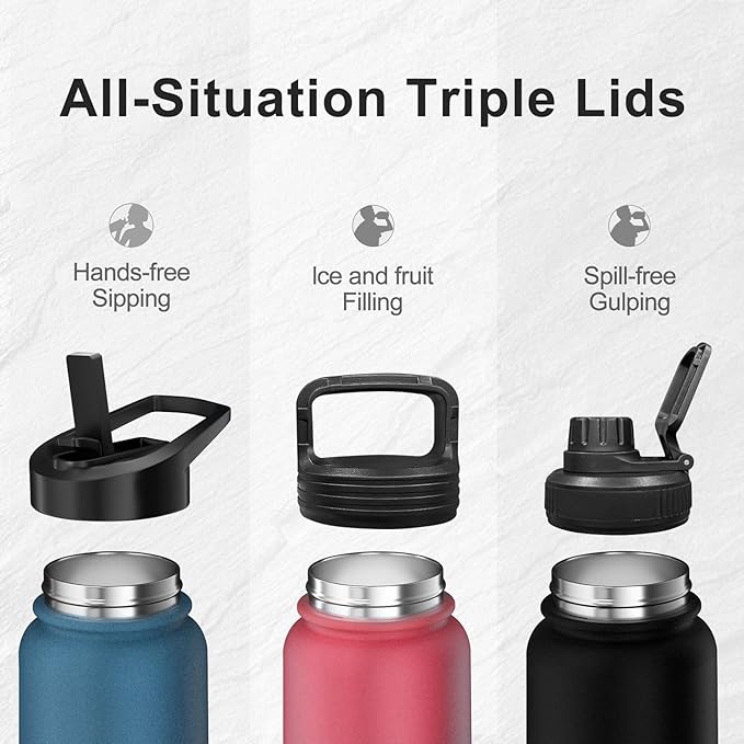 40oz Insulated Water Bottle with 3 Lids(Straw, Hand and Spout Lid), Double Vacuum Stainless Steel Metal Water Flask(BPA-free, CPC) for Sports, Camping, Hiking, Cycling, Fitness and more(Indigo Black)