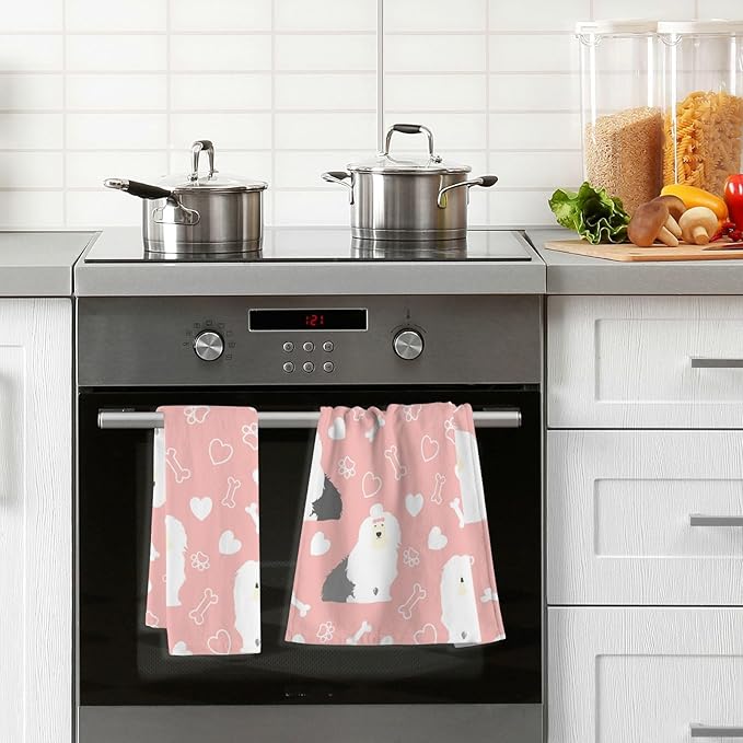 Pink Old English Sheepdog Bath Hand Towel Soft Cotton Highly Absorbent Fingertip Towels for Bathroom Beach Kitchen Sports Gym Yoga Travel (2-Pieces Towel Sets, 28x16 inch)