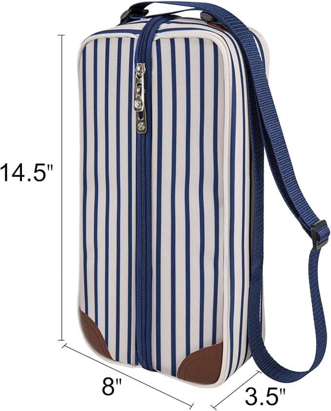 ALLCAMP Wine Tote Bag with Cooler Compartment,Picnic Set Carrying Two Sets of Tableware(Blue Stripe)