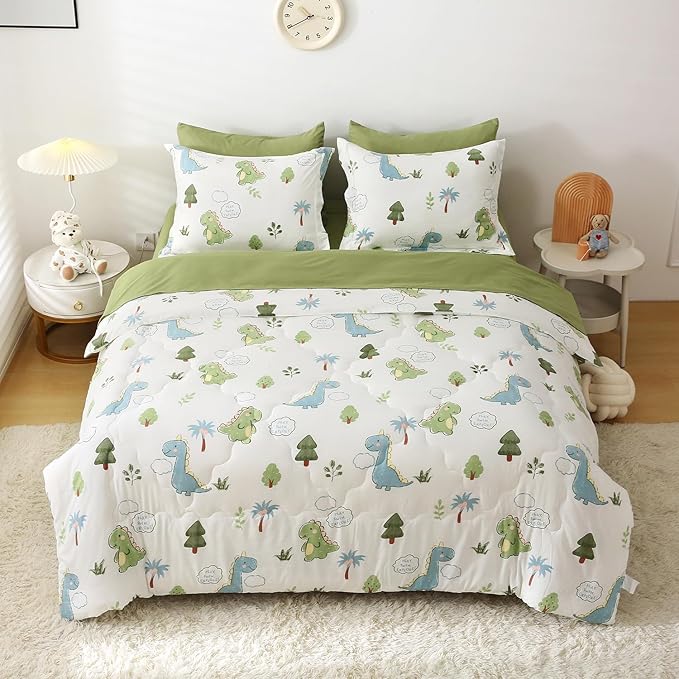 Wajade Kids Dinosaurs Comforter Set Bed in A Bag Twin Size 7 Piece Cute Green Dinosaur Jungle Bedding Set for Girls Boys (1 Comforter, 1 Flat Sheet, 1 Fitted Sheet, 2 Pillowcase and 2 Pillow Sham)