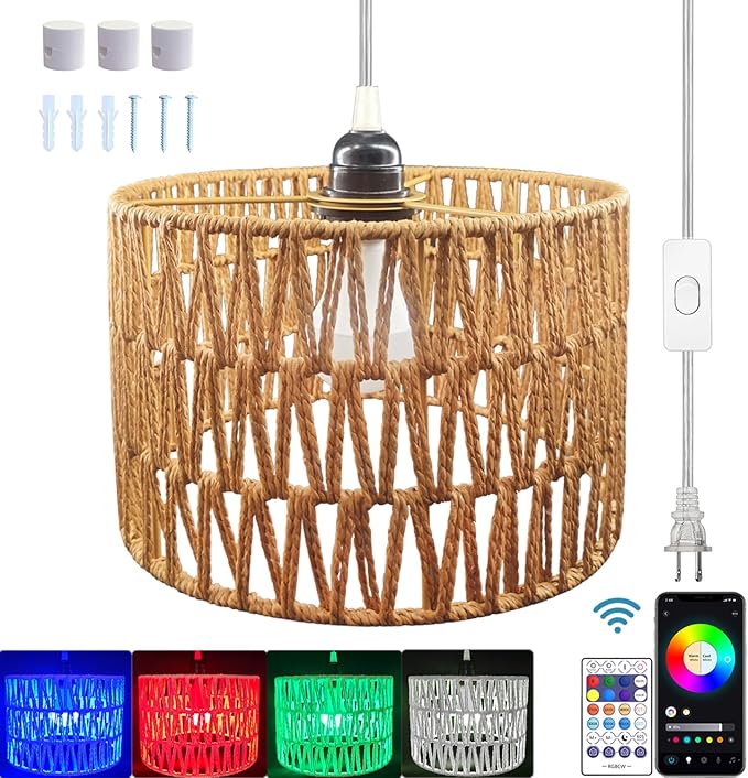 Hanging Lamp Plug in Rattan Hanging Lights with Plug in Cord, Woven Pendant Light with Smart RGB Bulb and Remote Control for Bedroom Living Room Farmhouse Kitchen (Rattan, Barrel Shade)