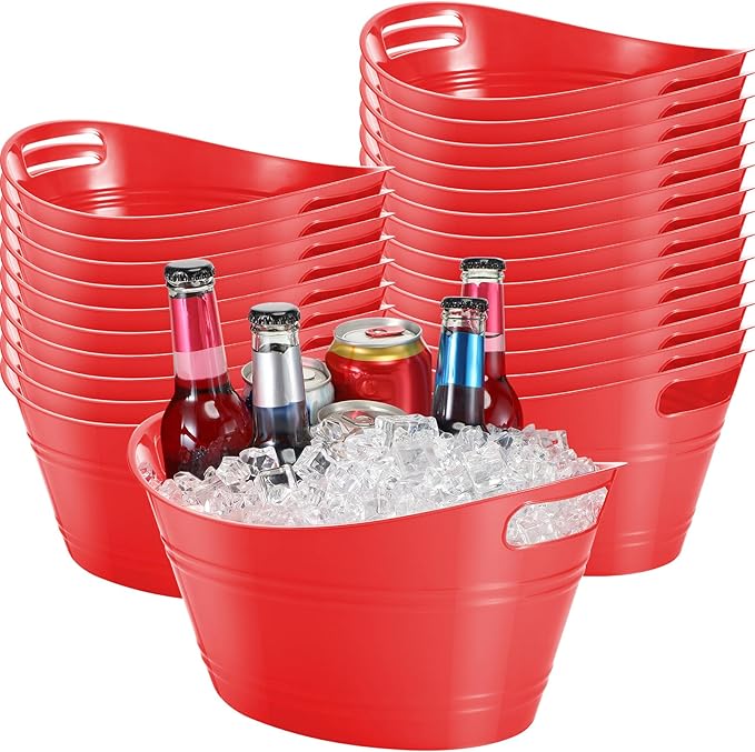 Norme 24 Pcs Oval Storage Tub with Handles, 4.5L Plastic Ice Bucket Wine Beer Champagne Bottle Drink Cooler Tub for Parties Beverage, Storage Basket (Red)
