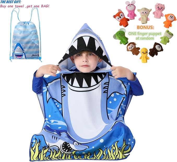 Soft Hooded Beach Towel for Kids, Toddlers Bath/Pool/Swim Poncho Cover-ups Swimwear (BLUE SHARK)
